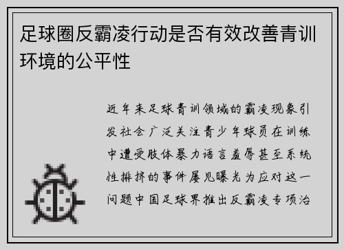足球圈反霸凌行动是否有效改善青训环境的公平性